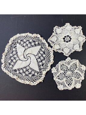 Set of 3 Vintage Handmade Crochet Ivory Lace Doily Intricate Floral Patterns